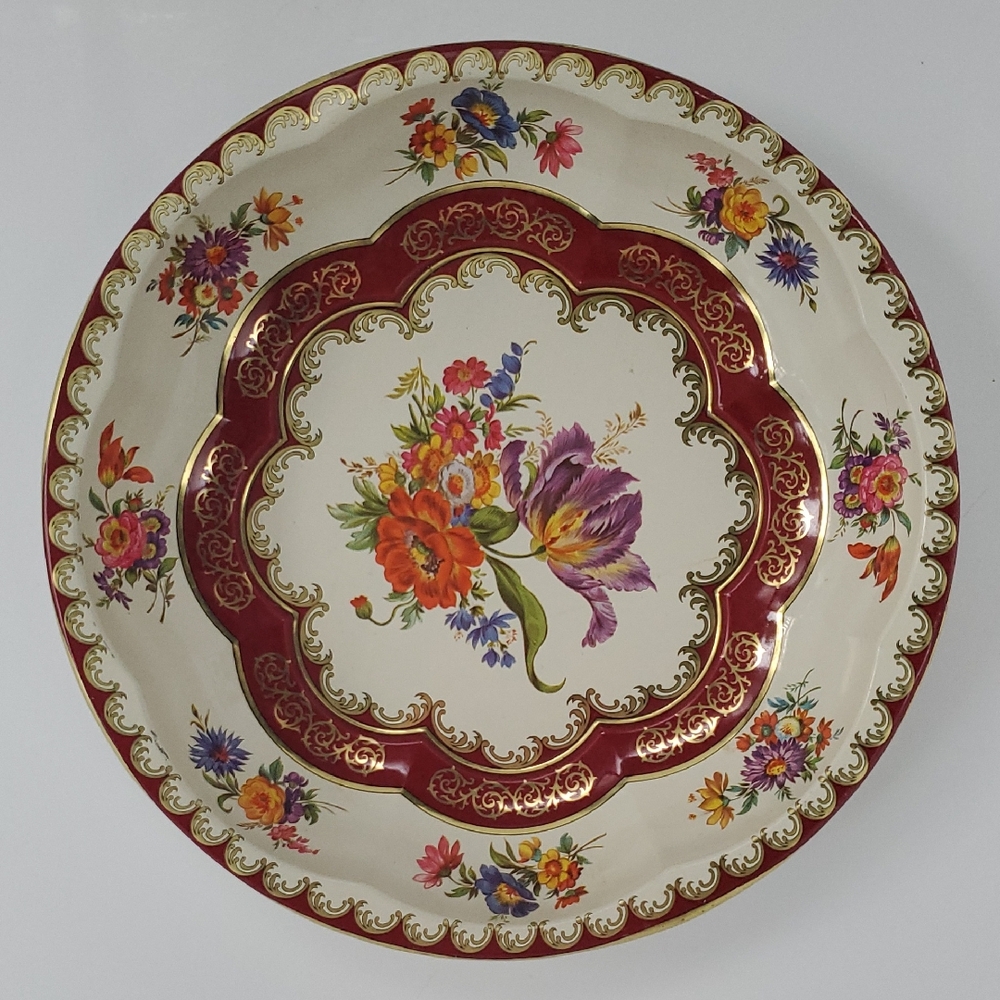 Collectible Vintage Daher 1971 England Floral Gold & Burgundy Tin Bowl Tray